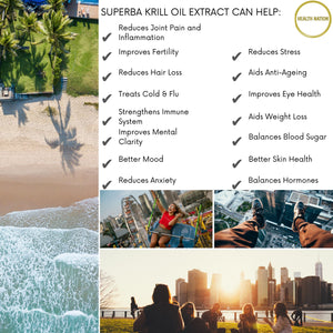 Superba Krill Oil Extract | Helps with Anxiety, Mood, Fertility, Cold/Flu, Hair Loss, Joint Pain, Eye Health, Weight Loss, Anti-Ageing, Balances Blood Sugar, Vibrant Skin, Stress and Mental Clarity | Made in UK | 500mg 60 Capsules - Health Nation