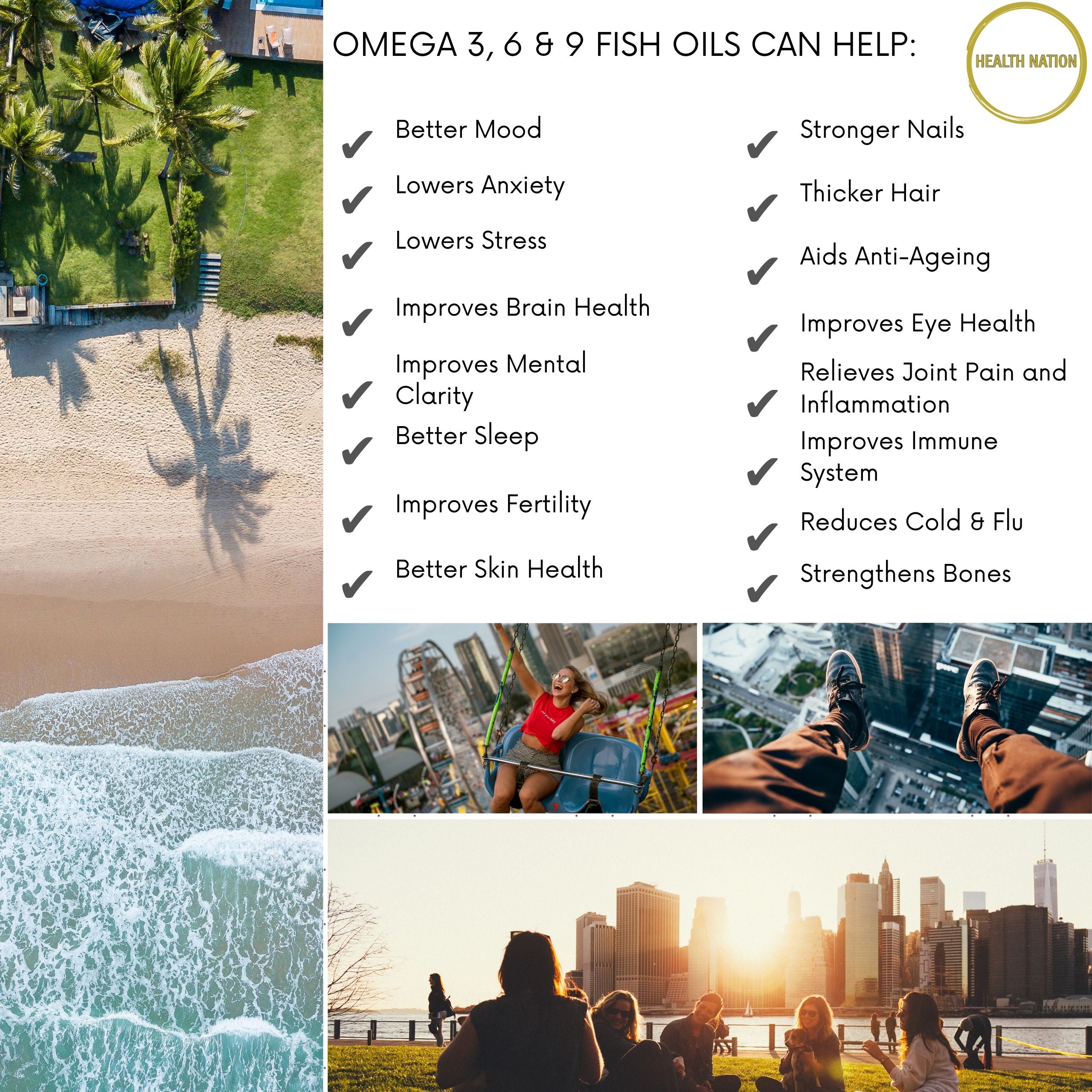 Omega 3, 6 & 9 Fish Oil | Helps with Vibrant Skin, Hair, Nails, Anxiety, Stress, Mental Clarity, Mood, Sleep, Fertility, Cold/Flu, Joint Pain, Eye Health and Anti-Ageing | 1000mg 90 Capsules - Health Nation