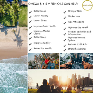 Omega 3, 6 & 9 Fish Oil | Helps with Vibrant Skin, Hair, Nails, Anxiety, Stress, Mental Clarity, Mood, Sleep, Fertility, Cold/Flu, Joint Pain, Eye Health and Anti-Ageing | 1000mg 90 Capsules - Health Nation