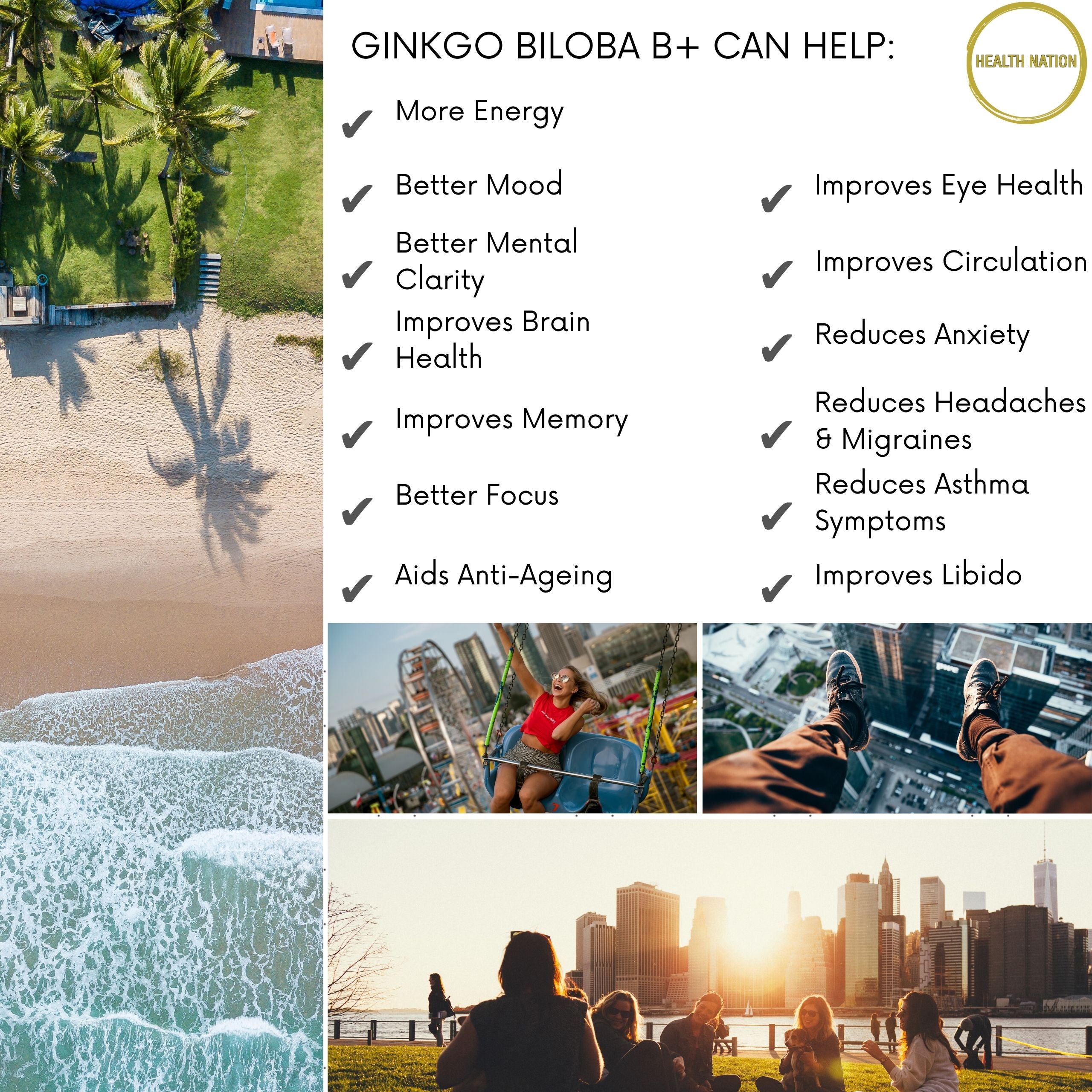 Ginkgo Biloba B+ | Helps with Mental Clarity, Focus, Mood, Energy, Anti-Ageing and Eye Health | Made in UK | 2000mg 90 Capsules - Health Nation