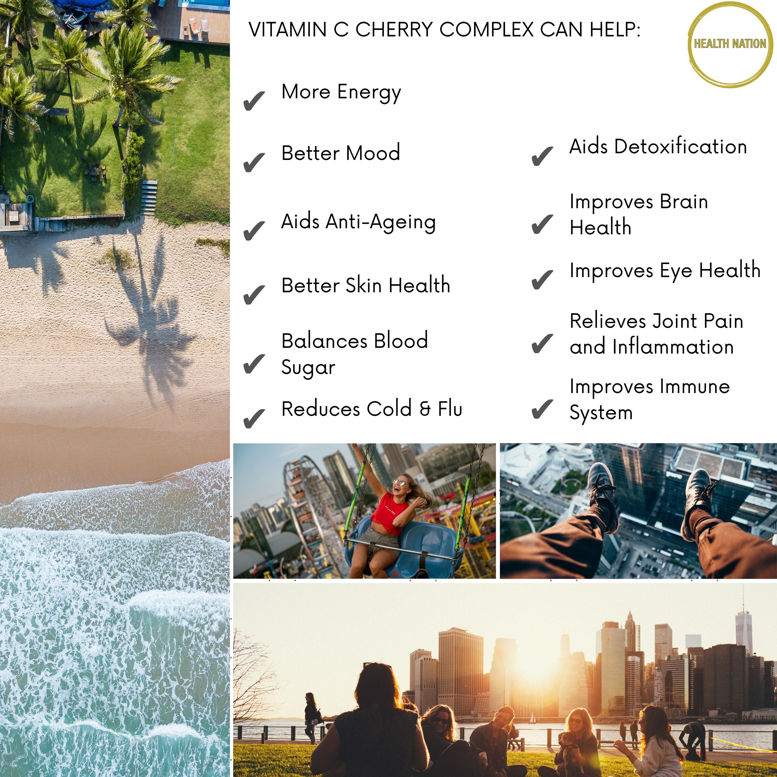 Natural Vitamin C Cherry Complex | Helps with Mental Clarity, Mood, Energy, Cold/Flu, Eye Health, Joint Pain, Anti-Ageing, Balances Blood Sugar, Detox and Vibrant Skin | Made in UK | 60 Capsules - Health Nation