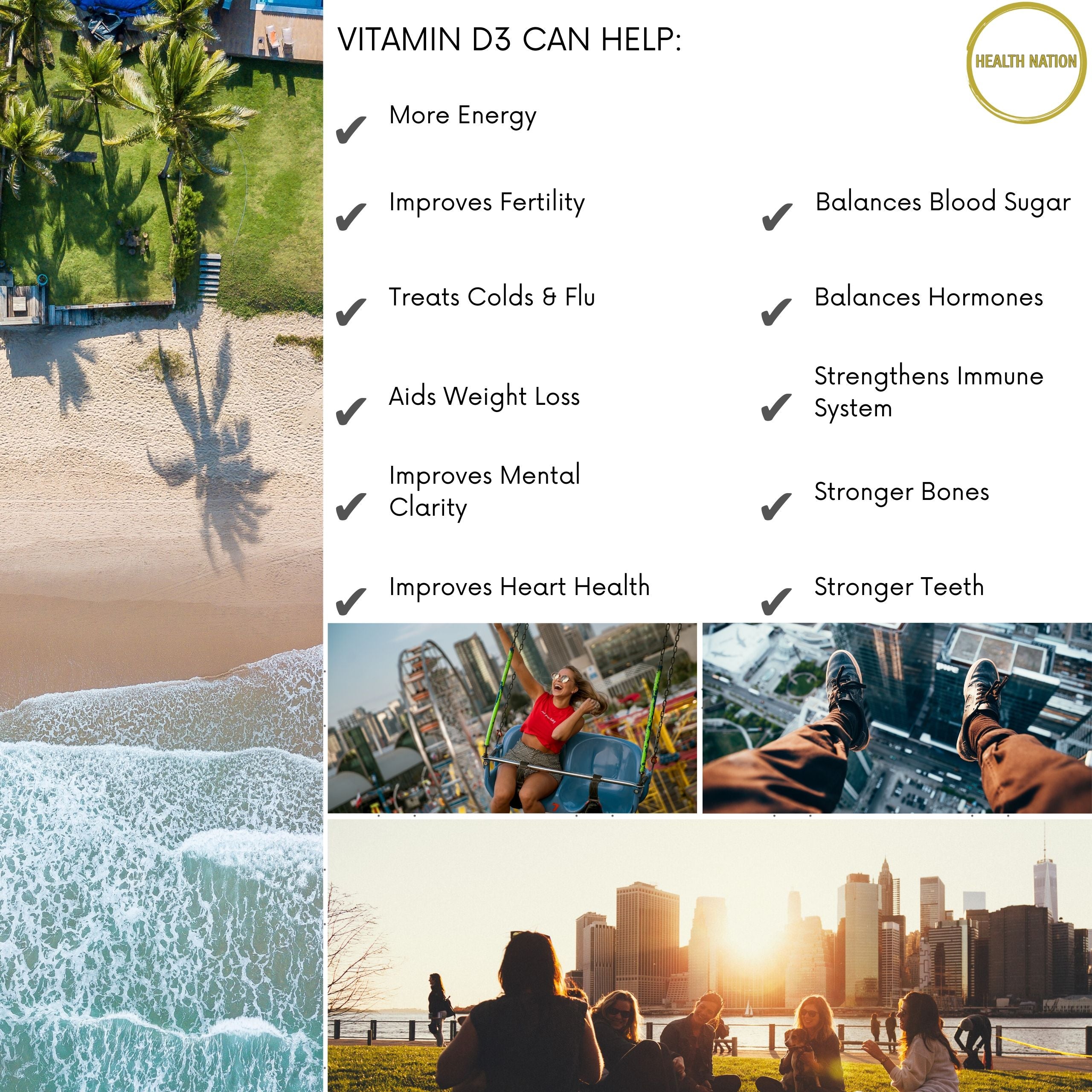 Vitamin D3 | Helps with Mood, Bone/Teeth Health, Fertility, Cold/Flu, Balances Blood Sugar, Weight Loss and Mental Clarity | Made in UK | 1000iu 180 Tablets - Health Nation