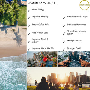 Vitamin D3 | Helps with Mood, Bone/Teeth Health, Fertility, Cold/Flu, Balances Blood Sugar, Weight Loss and Mental Clarity | Made in UK | 1000iu 180 Tablets - Health Nation